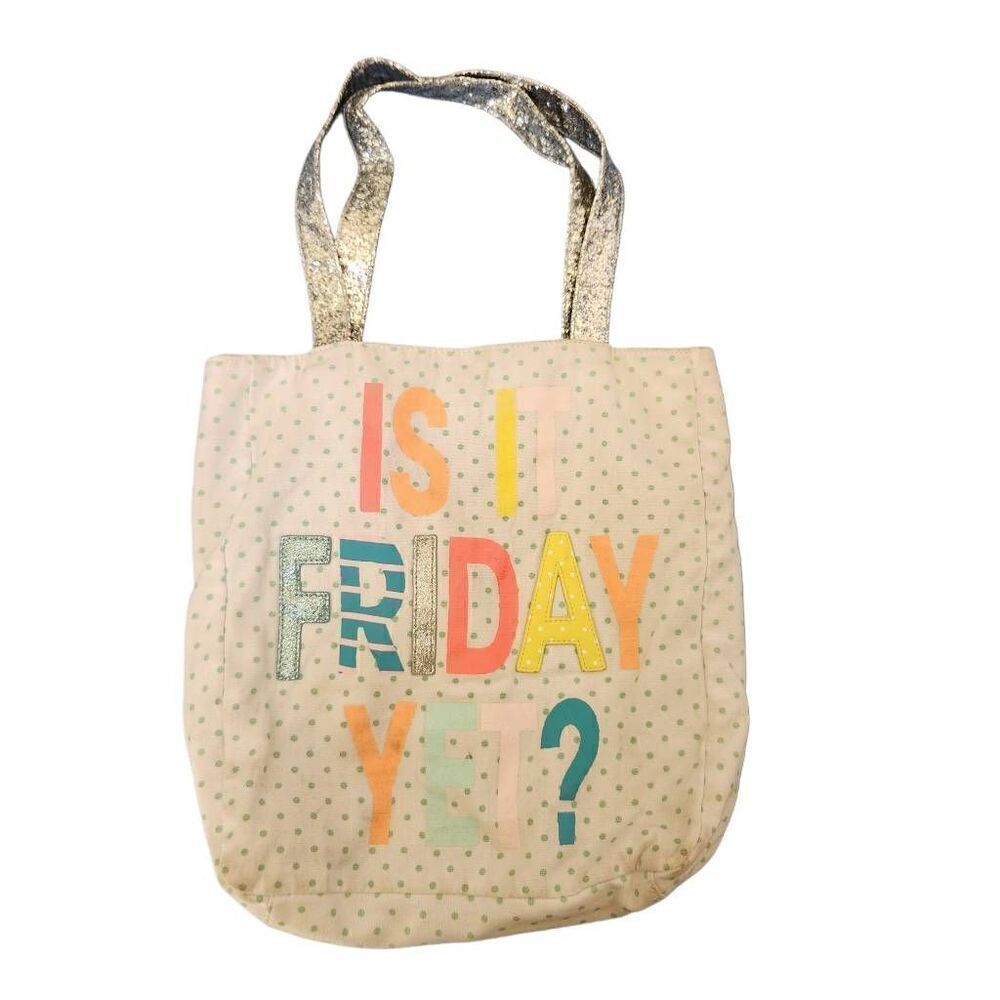 Is it Friday Yet girls tote bag canvas polka dot fun colorful cream